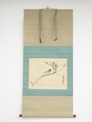 鈴木松年筆　桃小鳥　肉筆紙本掛軸（保護箱）